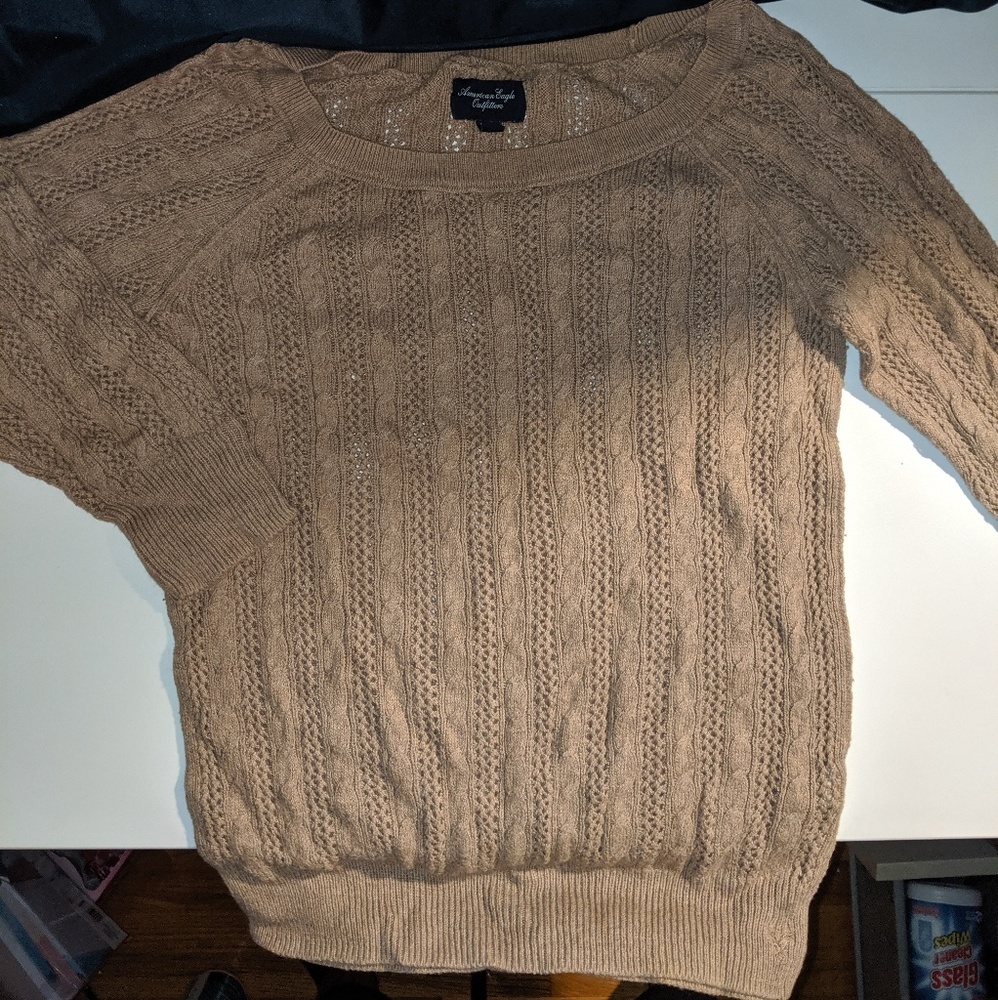 American Eagle Lightweight Tan Knit Woven Sweater